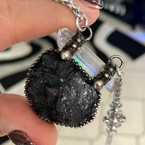 Natural black tourmaline & clear crystal quartz charm boho goth maille necklace - Picture 4 of 13